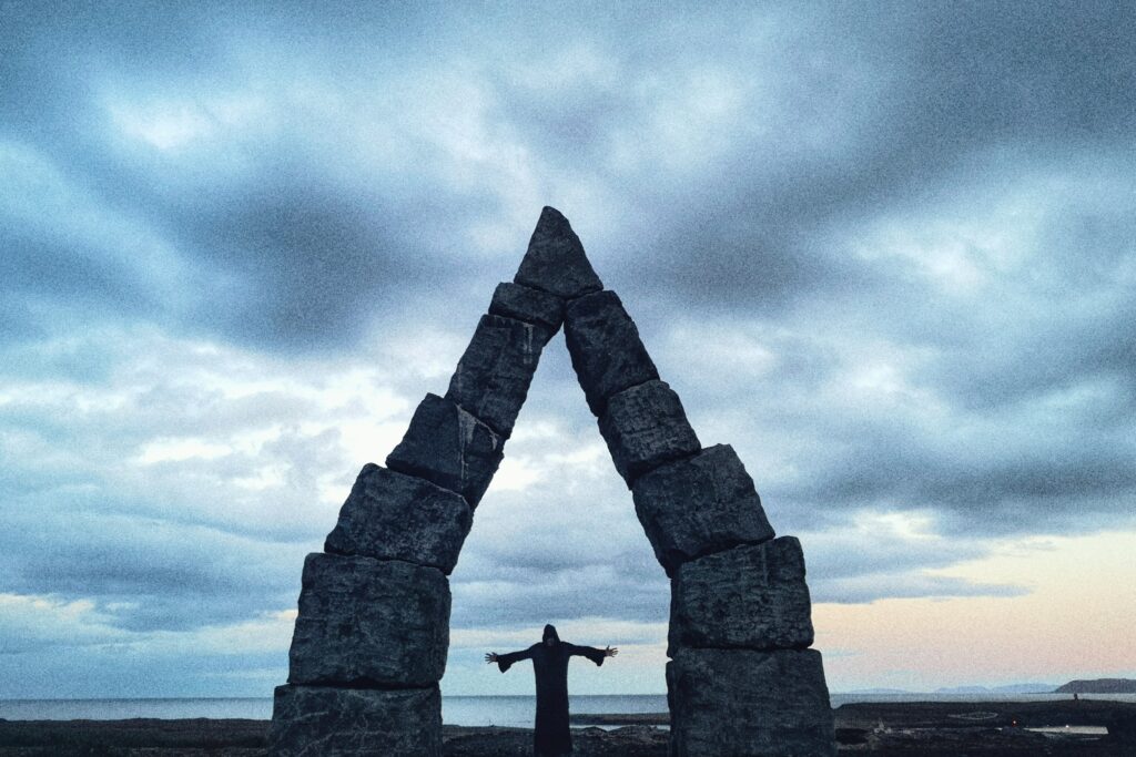 An image depicting the Arctic Henge in Raufarhöfn, Iceland, a perfect location for filming mystical scenes.